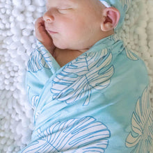 Load image into Gallery viewer, Blue Monstera Knit Swaddle Blanket - The Seaside Succulent
