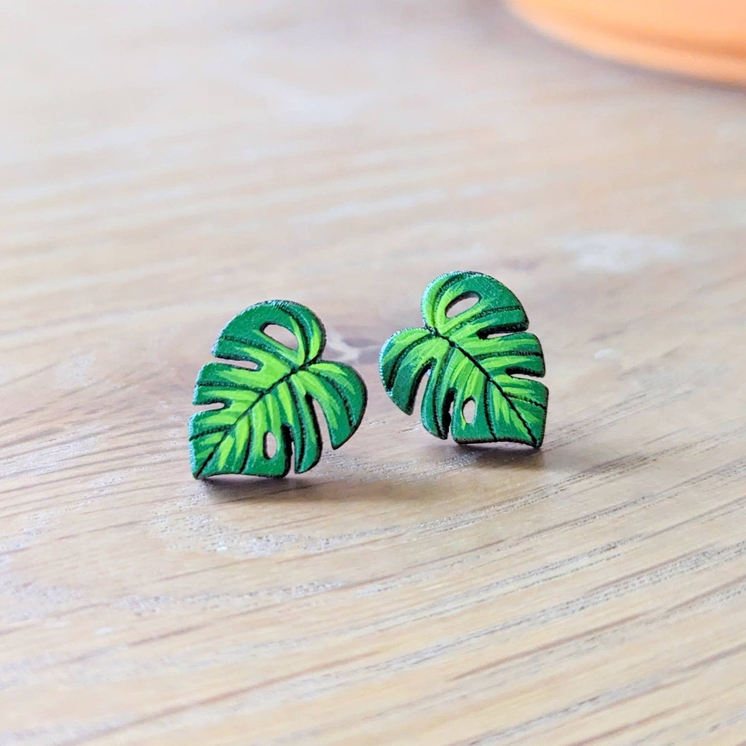 Hand-Painted Monstera Leaf Mini Stud Earrings